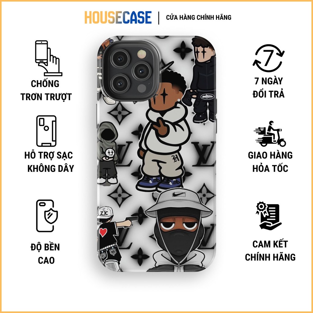 LV x Hiphop Collage เคส iPhone สตรีทแวร์สีดําและสีขาวพร้อมการป้องกันรอยขีดข่วนที่มีประสิทธิภาพ