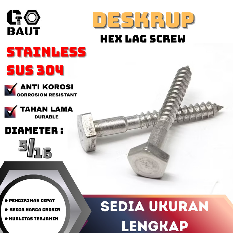 Deskrup Stainless SS 5/16" / Hex Lag Screw / Desckrew / Wood Screw Bolt