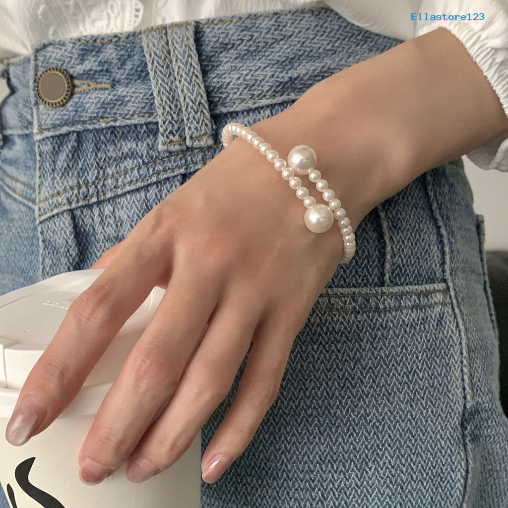 Ellastore123 ผู้หญิงสร้อยข้อมือ Faux Pearl Elastic Fit สร้อยข้อมือ Warm Luster Minimalist ออกแบบ Eas