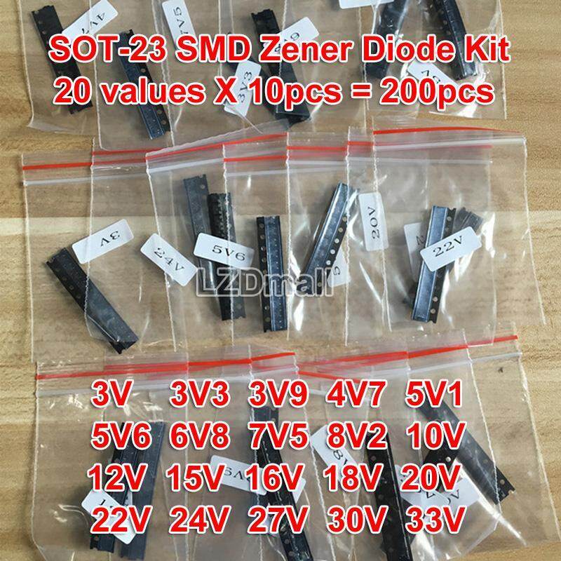200pcs SOT-23 SMD Zener Diode Kit 20kinds * 10 ชิ้น = 200 ชิ้น 3V3 3V9 4V7 5V1 5V6 6V8 7V5 8V2 10V 1