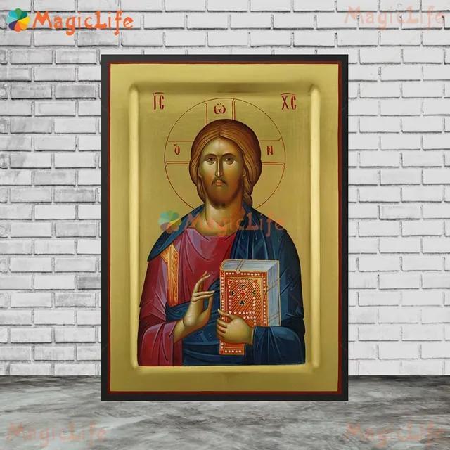 ภาพวาดผ้าใบไร้กรอบ Christ Blessing Icon Orthodox Pantocrator สําหรับตกแต่งห้องโบสถ์