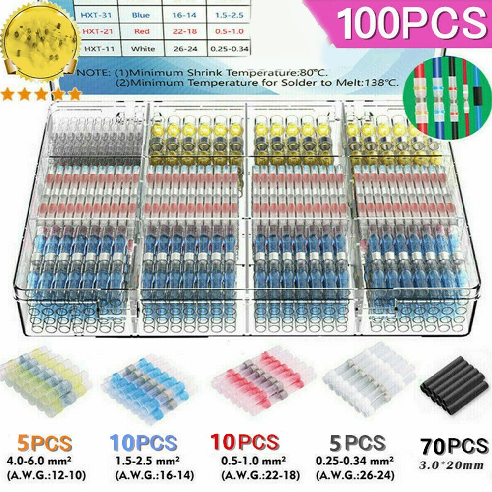 100ชิ้นซีลบัดกรีความร้อนหดแขนลวดก้นขั้วเชื่อมต่อกันน้ํา