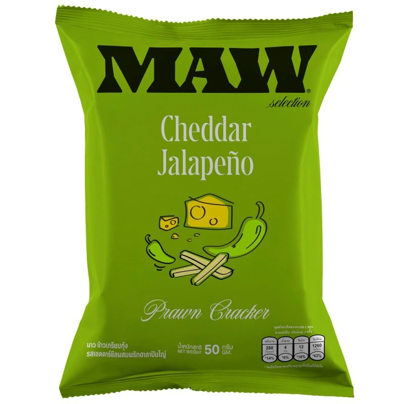MAW มาว ข้าวเกรียบกุ้ง รสเชดดาร์ชีสผสมพริกฮาลาปินโญ่ 50 กรัม [8858669417002]
