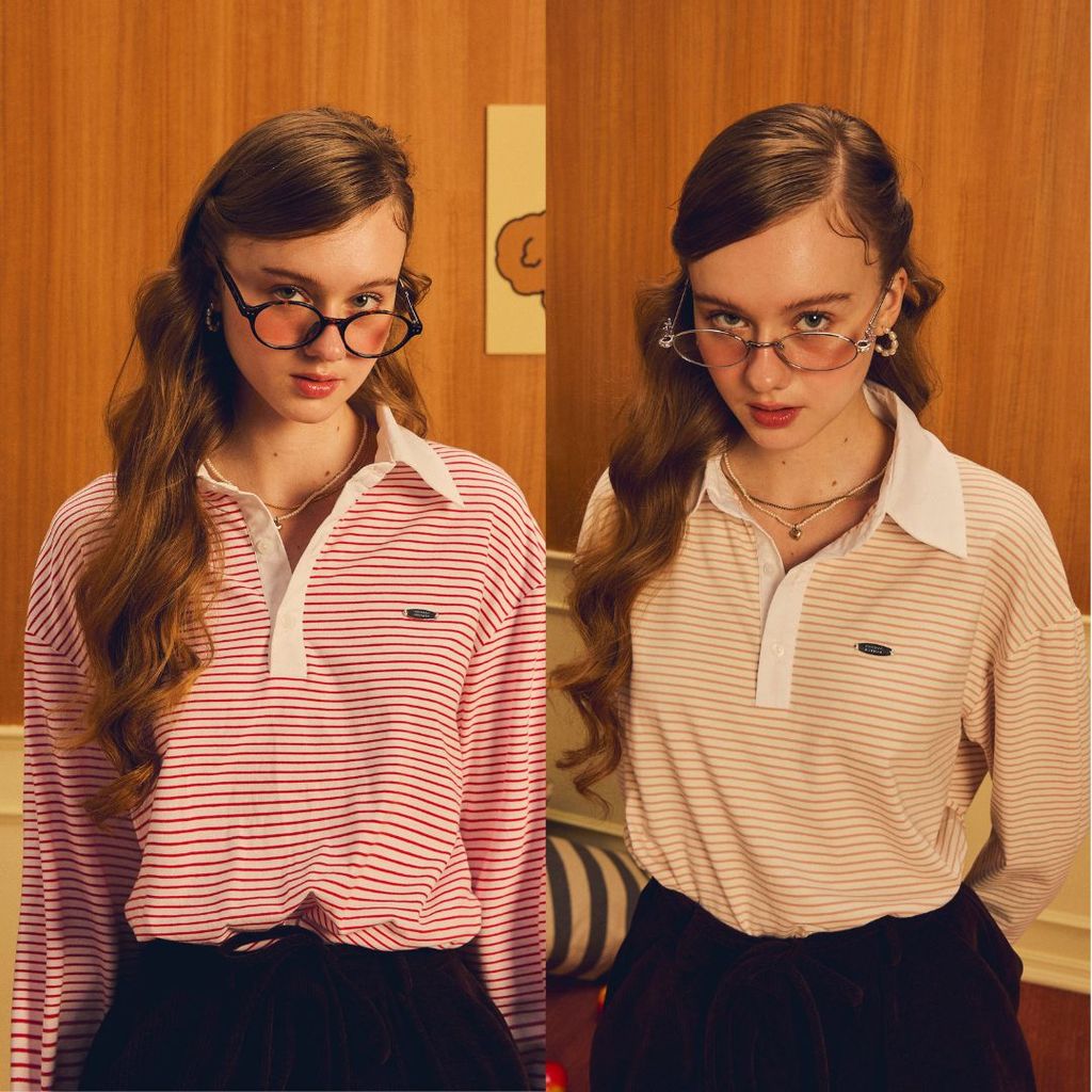 lookbookpetite benny rugby shirt (adult) เสื้อรักบี้ผู้ใหญ่แขนยาวลายทาง โลโก้เงิน