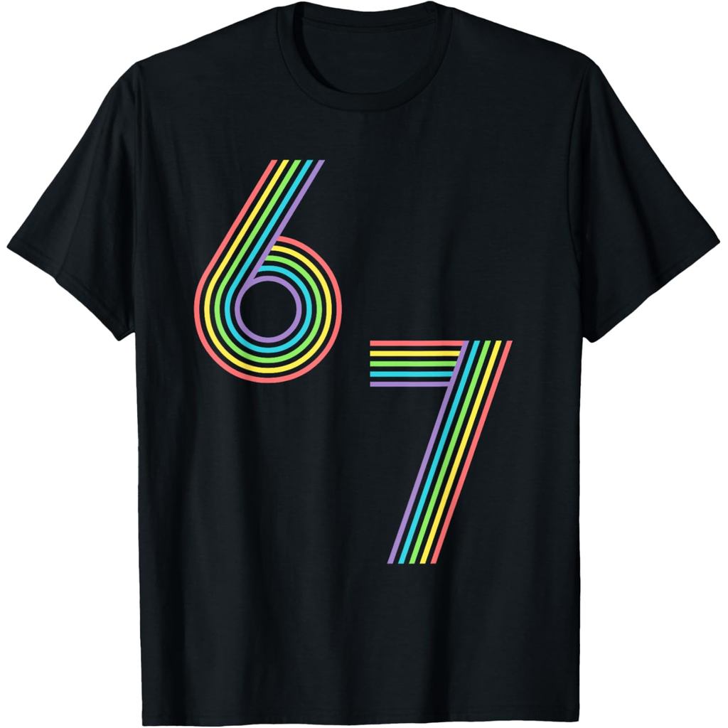 เสื้อยืดผ้าฝ้ายผู้ชาย Funny Six Seven 6 7 Meme Rainbow Stripes Graphic T-Shirt
