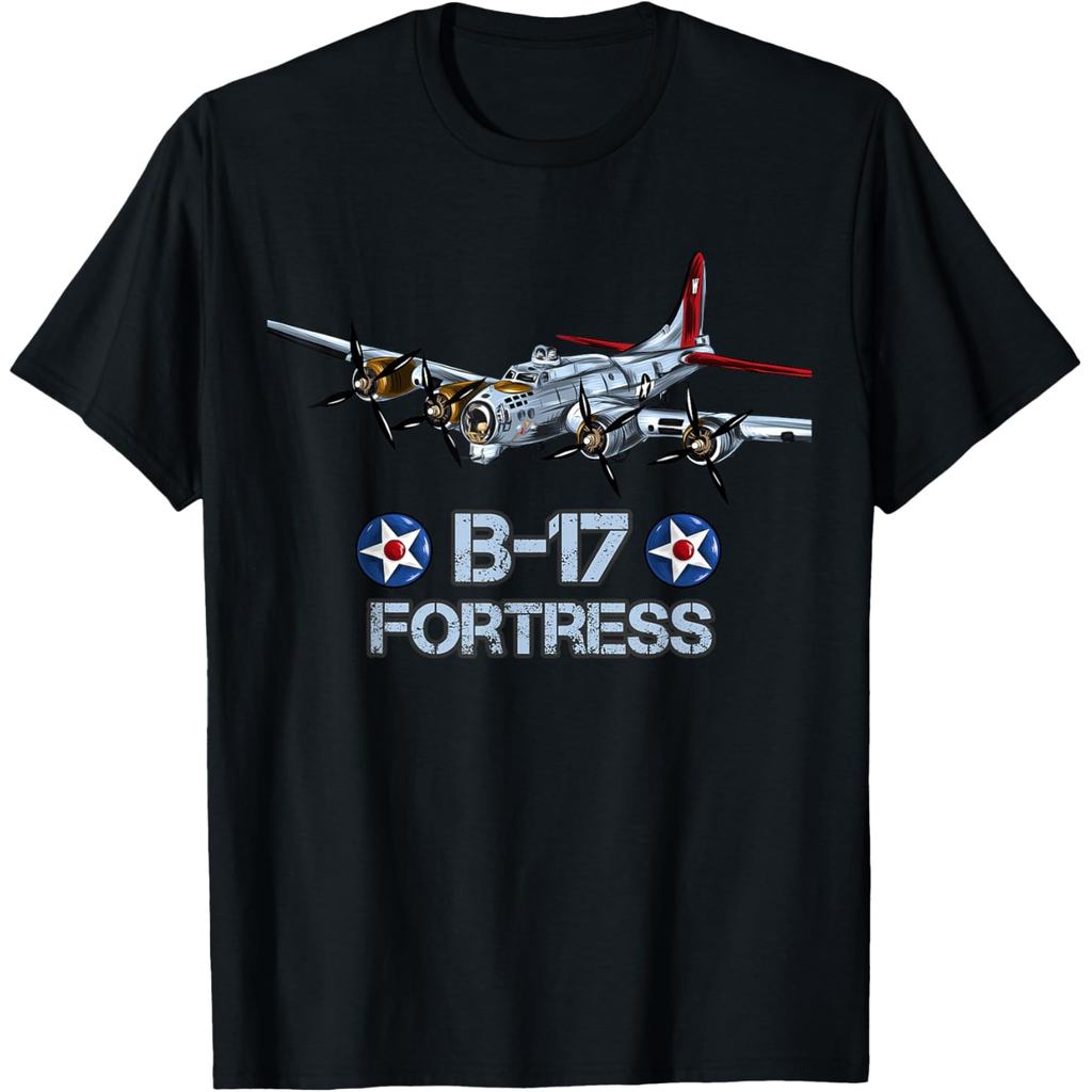 เสื้อยืดผ้าฝ้ายผู้ชาย ออกแบบลายเครื่องบิน B-17 Flying Fortress จากสงครามโลกครั้งที่ 2