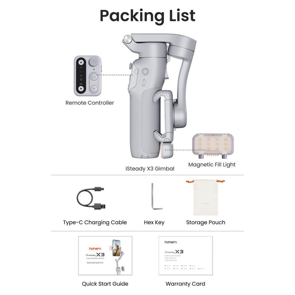 Hohem iSteady X3 ขยาย 3 แกนสมาร์ทโฟน Gimbal Stabilizer พับโทรศัพท์ Vlog สมาร์ทติดตามแบตเตอรี่ในตัวพร
