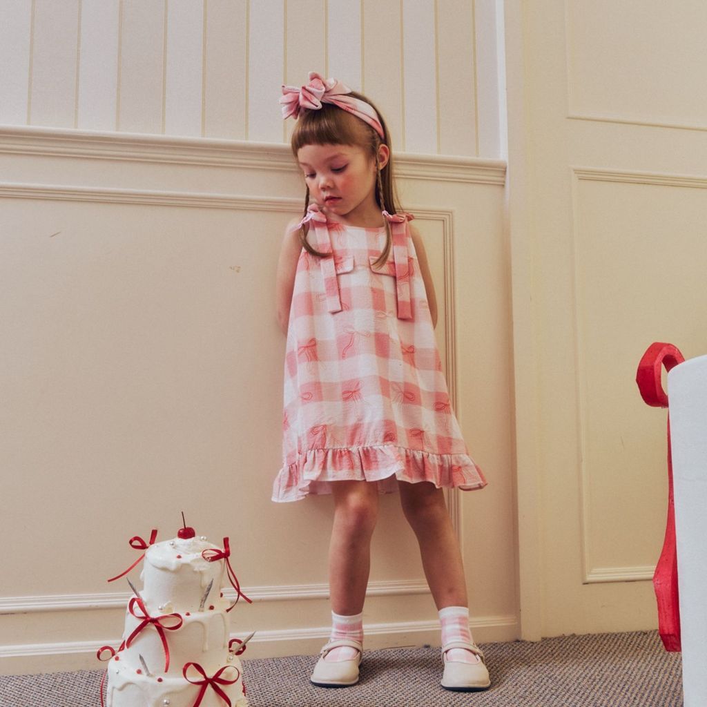 lookbookpetite pocky dress pink ribbon เดรสเด็ก สีชมพู ลายสก็อต