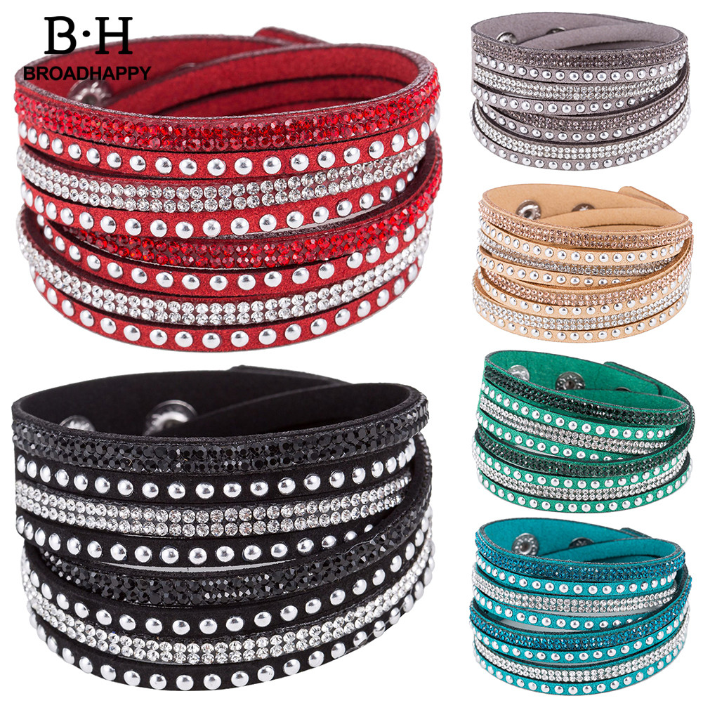 [BH] ผู้หญิงหนัง Faux เงา Hot Fix Rhinestone ฝัง DIY Multilayer สร้อยข้อมือของขวัญ