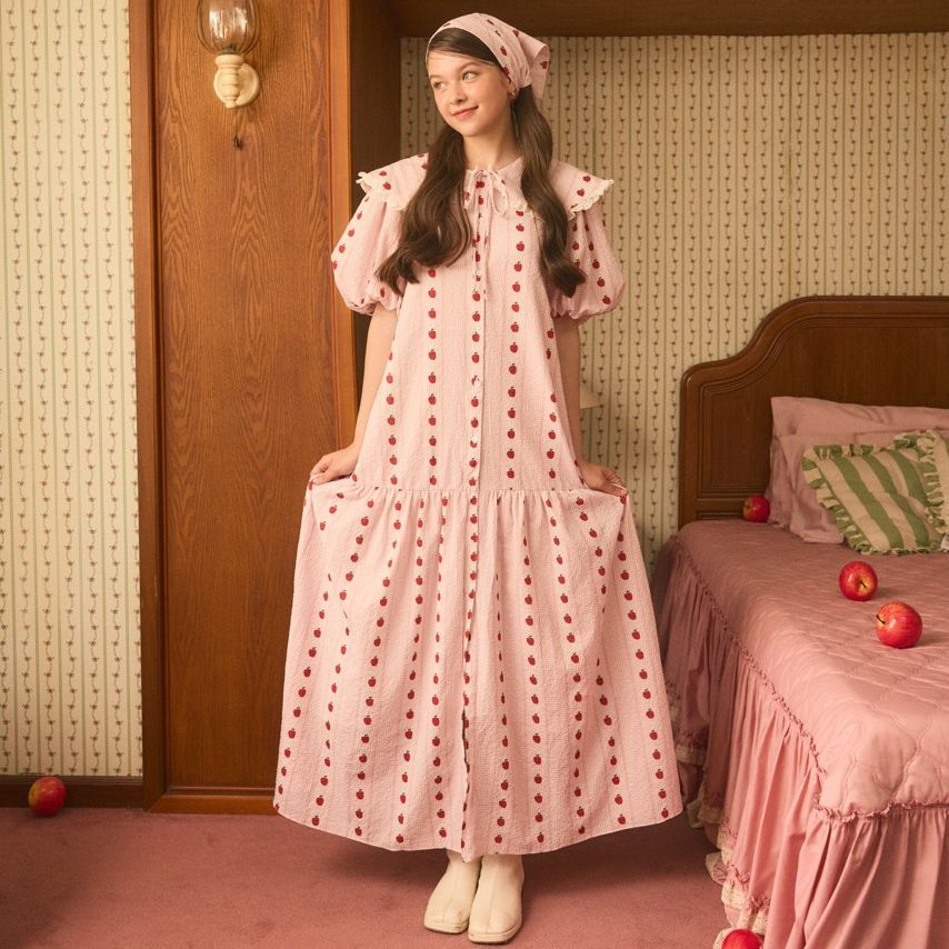 lookbookpetite chou dress (adult) pink pommette เดรสยาวผู้หญิงแขนพอง รุ่น chou สี pink pommette