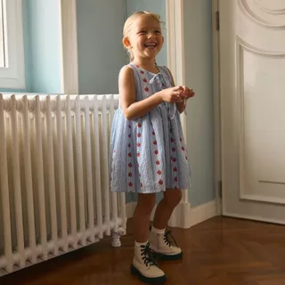 lookbookpetite bubbly dress blue pommette เดรสเด็กผู้หญิงแขนกุด ผูกโบว์ รุ่น bubbly สี blue pommette