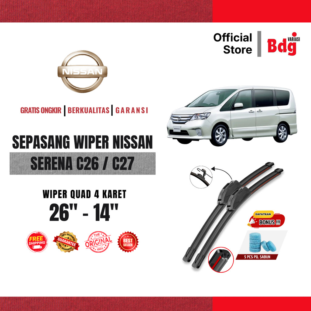 Nissan Serena C26 / C27 Quad ที่ปัดน้ําฝนกระจกรถยนต์ฟรี 5 เม็ดสบู่