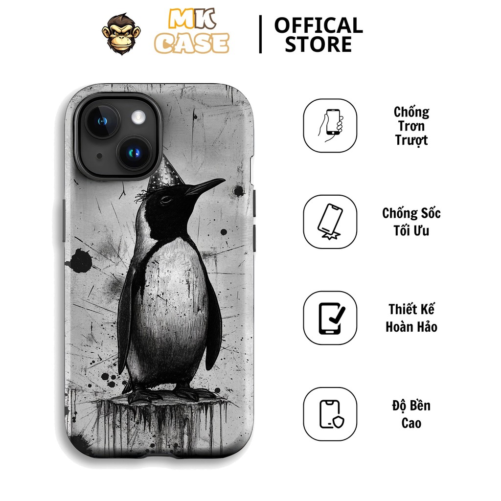 Unique MK CASE หมวกวันเกิดศิลปะสีดําและสีขาว Penguin iPhone CASE