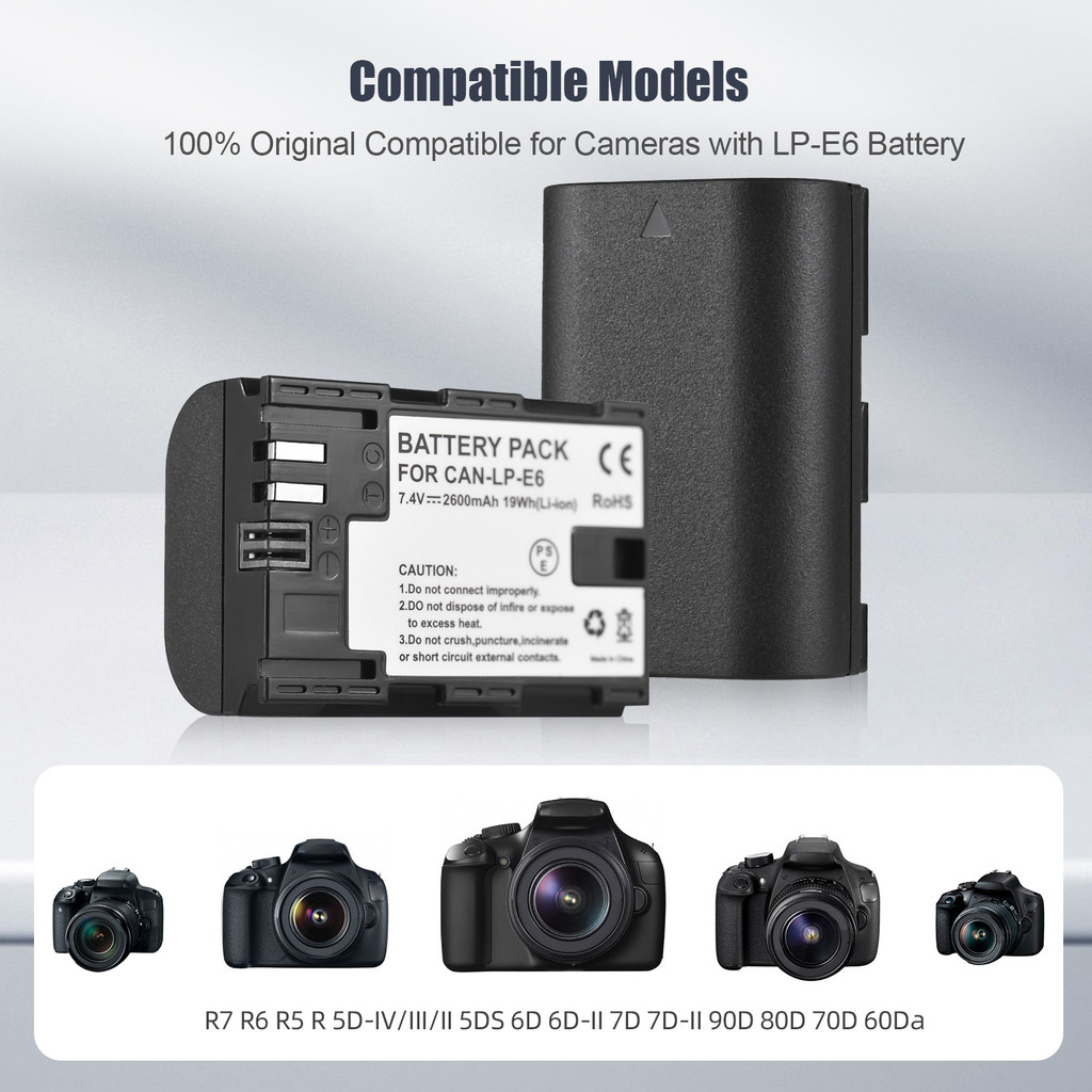 [Mamamoo1-Fast Ship] กล้อง LP-E6 LP-E6N แบตเตอรี่และชุดชาร์จพร้อม 2 ช่อง + 2 ชิ้นแบตเตอรี่ 7.4V 2600