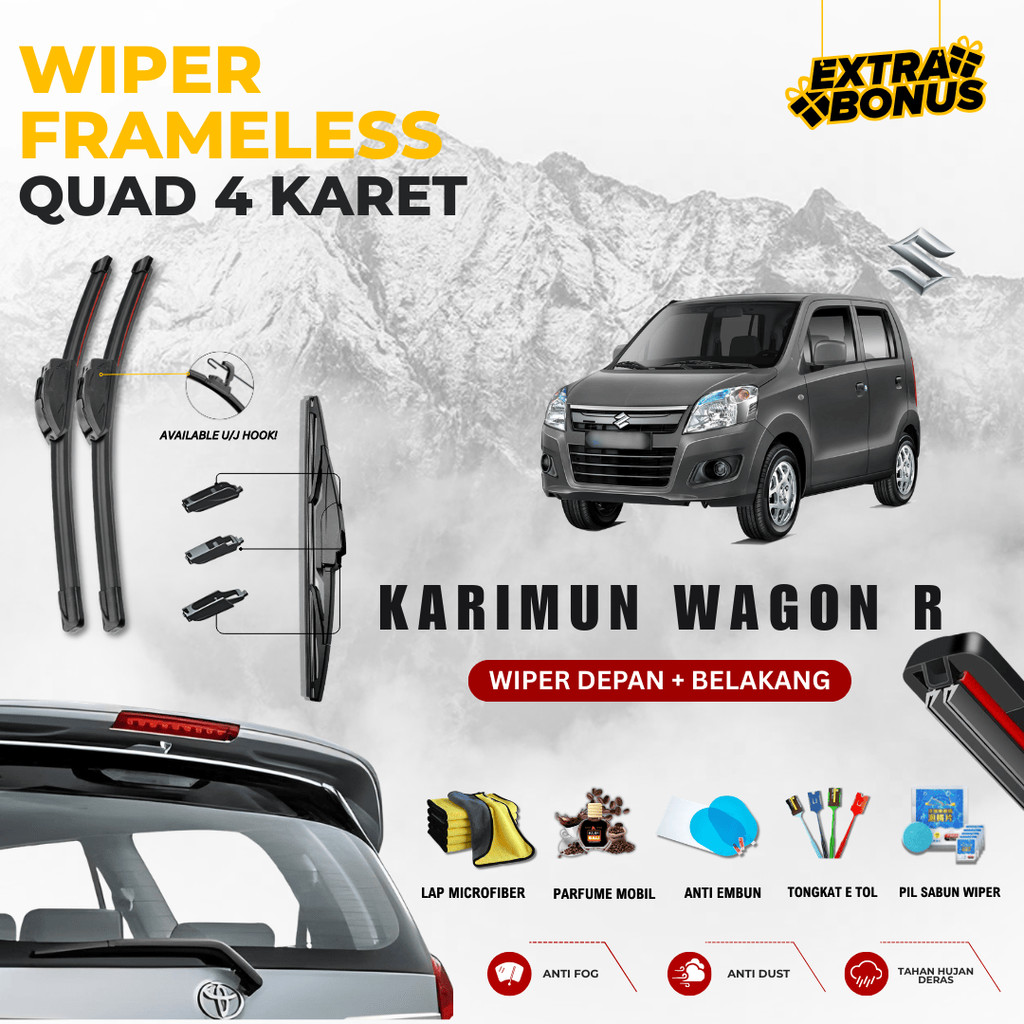 Suzuki Karimun Wagon R Quad Wiper แพ็คเกจหน้าต่างรถยนต์ 1 ชุดด้านหน้าด้านหลังฟรี 5 โบนัส