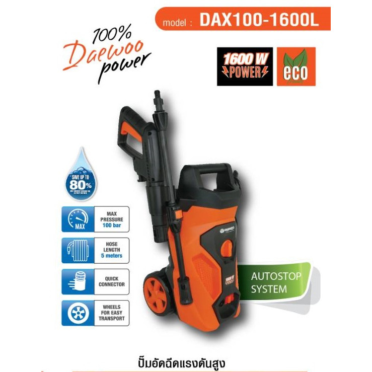 Tool🛠️ DAEWOO รุ่น DAX100-1600L เครื่องฉีดน้่ำ แรงดัน 1600W 63-73Bar พร้อมอุปกรณ์