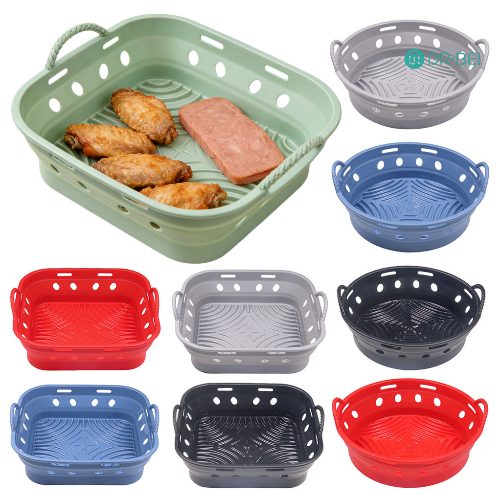 DR.BEI พับรอบ/สแควร์ Air Fryer Liner ตะกร้า 8.5 นิ้ว Air Fryer หม้อซิลิโคนนํากลับมาใช้ใหม่ถาดอบอุปกร