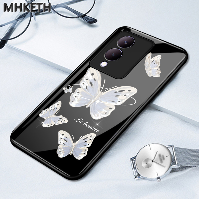 เคสสำหรับ VIVO Y17s Y36i 5G Y28 5G G2 5G เคสโทรศัพท์แก้วมีลายผีเสื้อที่ออกแบบน้อยที่สุด
