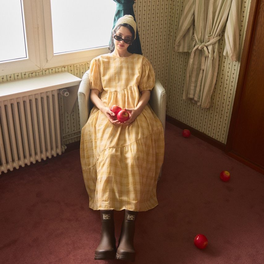 lookbookpetite eclair dress (adult) yellow scott เดรสยาวผู้หญิง แขนตุ๊กตา รุ่น เอแคลร์ ลายตารางสี เหลือง
