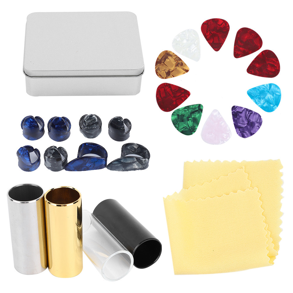 Spcrth Guitar Accessories Kit 10 Celluloid Pick 4 Slider 8 Finger Cot พร้อมกล่องเหล็ก