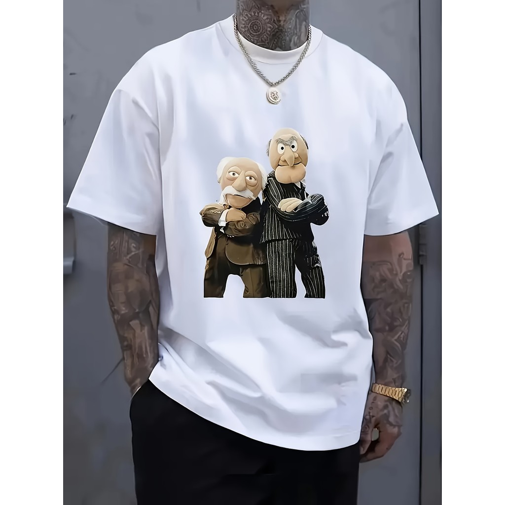 Mens Staller และ Waldorf Puppet Emotional Digital Print T-Shirt - ซักเครื่องได้สีดําลําลองคอกลมแขนสั