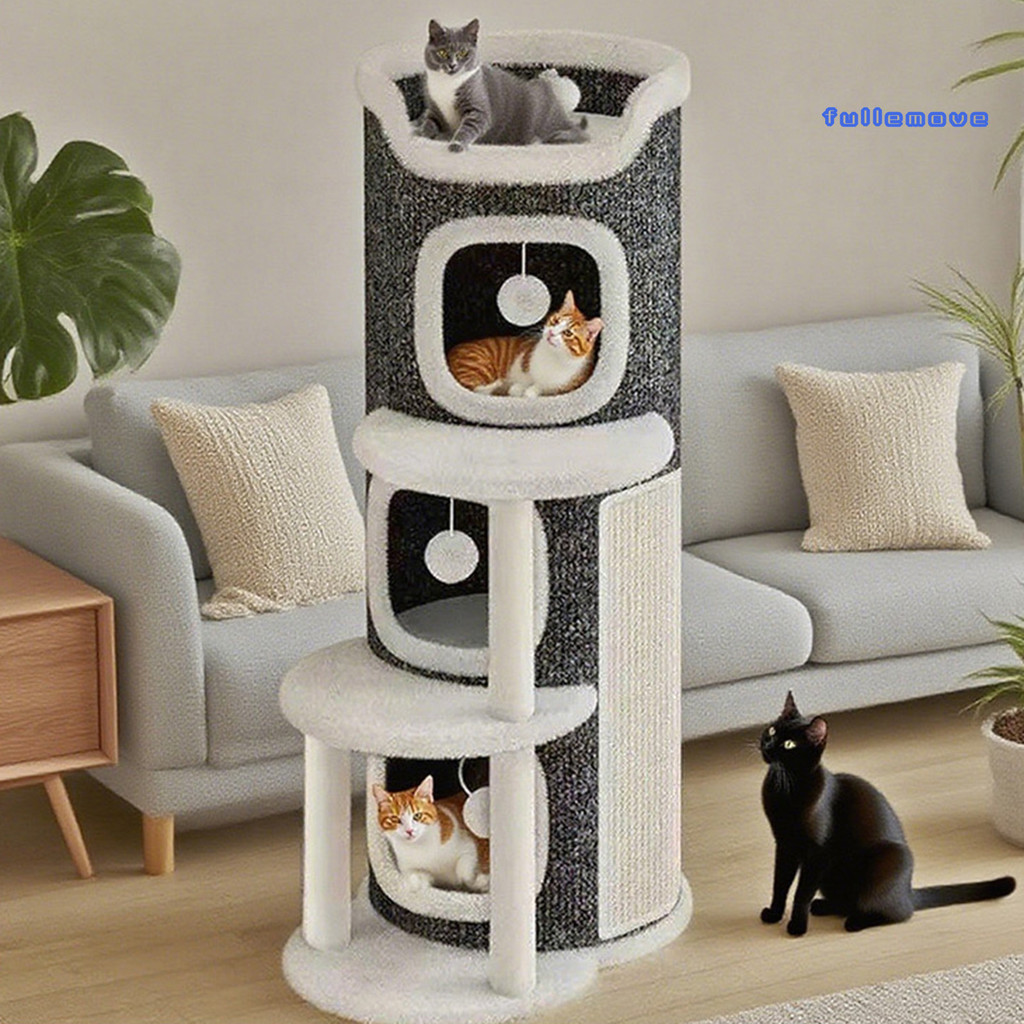 Fullemove Cat Climbing Tower Cat Scratching Barrel 3 Cat Caves Sisal Scratching Pad Multi-Layer Cat 