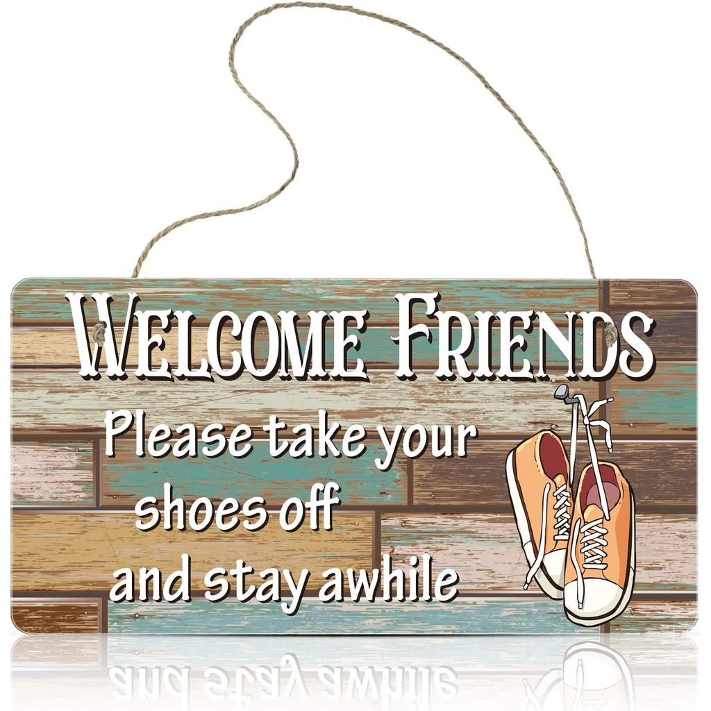 ไม้แขวนรองเท้าปิดป้ายกรุณา Take Your รองเท้า Off และ Stay Awhile ป้าย 9.8 x 5.1 นิ้วสําหรับ Wall Art