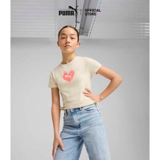 PUMA Kids เสื้อยืดผูกโบว์ FLAMING LOVE สำหรับวัยรุ่น สีขาว -…