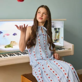 lookbookpetite bubbly dress (adult) blue pommette เดรสยาวผู้หญิงแขนกุด รุ่น bubbly สี blue pommette