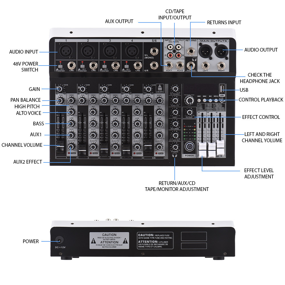 Spcrth Audio Mixer 6-Channel ผสมคอนโซล 48V Phantom Power สําหรับ Home Studio Recording DJ Network Li
