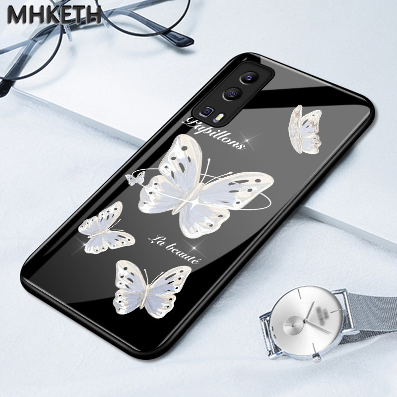 เคสสำหรับ VIVO Y72 5G Y52 5G Y75s 5G Y53s 5G Y76 5G เคสโทรศัพท์แก้วมีลายผีเสื้อที่ออกแบบน้อยที่สุด