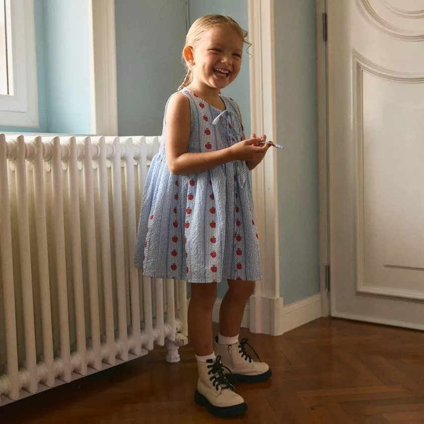 lookbookpetite bubbly dress blue pommette เดรสเด็กผู้หญิงแขนกุด ผูกโบว์ รุ่น bubbly สี blue pommette