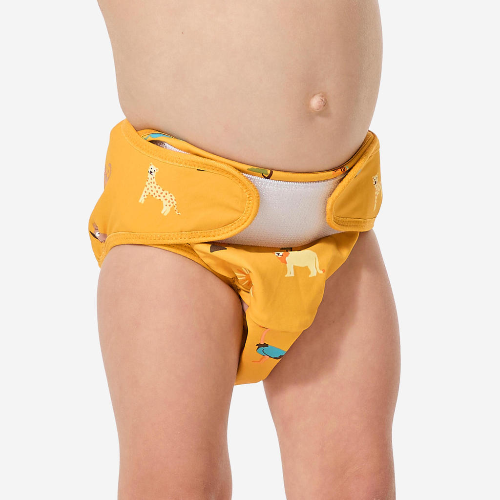 กางเกงผ้าอ้อมว่ายน้ำแบบซักได้ ลายสัตว์ป่า (สีเหลือง) - เหลืองมัสตาร์ด | Washable swimming nappy, wil