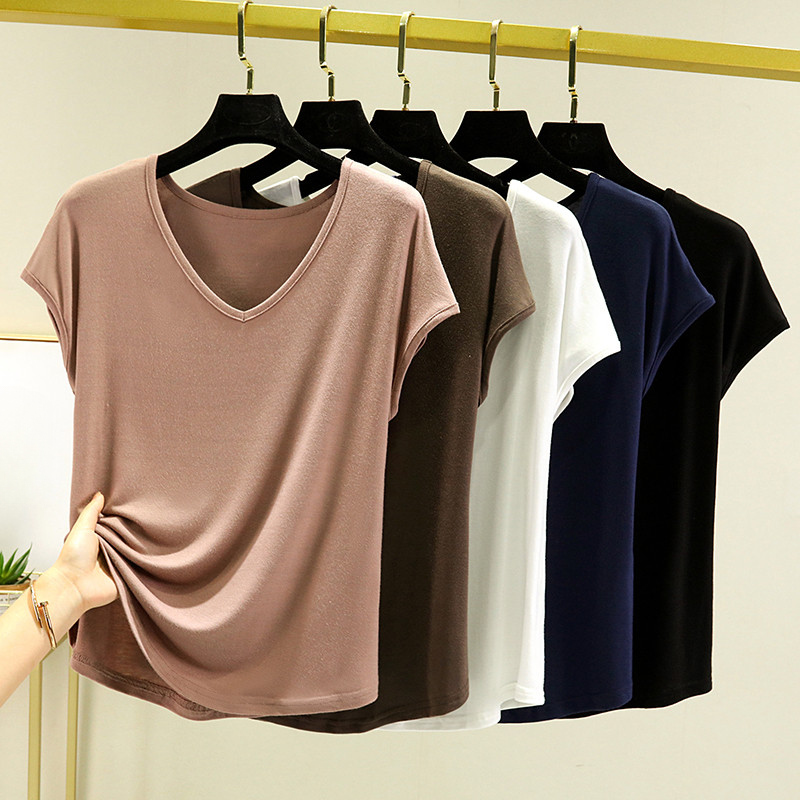 เสื้อยืดผู้หญิงฤดูร้อน 2024 แบบใหม่ คอวีแขนสั้น ทรงคลายและสวมใส่ง่าย