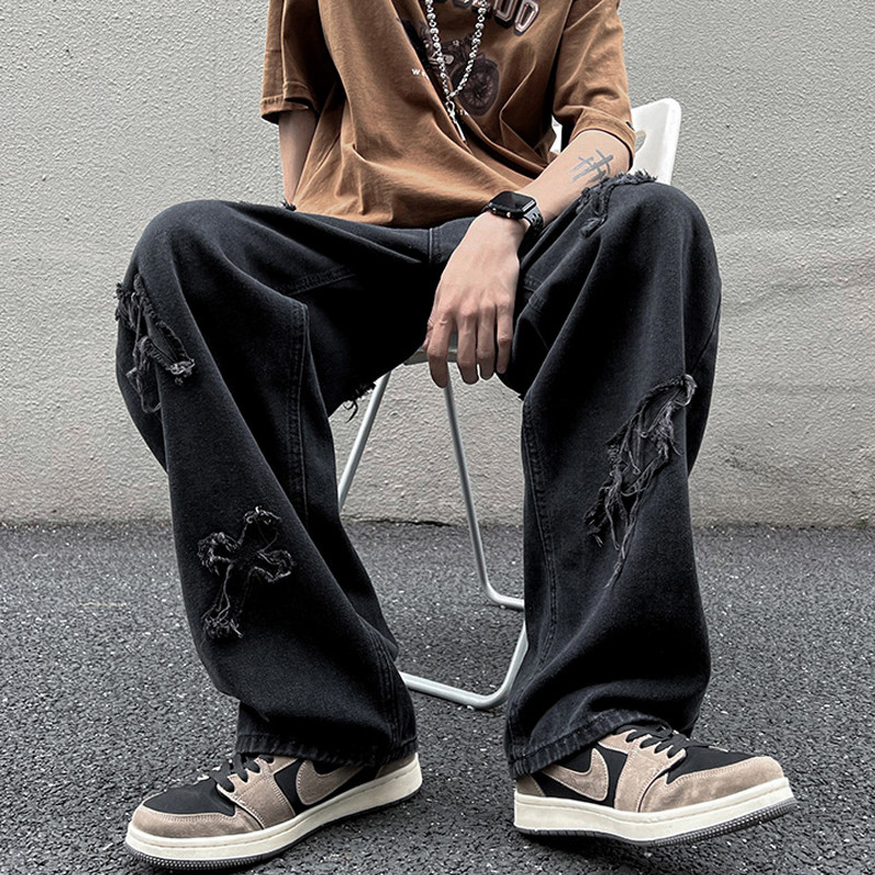 American vibe Style High Street กางเกงยีนส์สีดําผู้ชายหลวมตรง Drop รู้สึกกางเกงขากว้างฤดูใบไม้ร่วง S