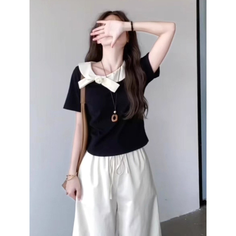 ไขมัน mm French Lotus Leaf Collar Stitching เสื้อยืดแขนสั้นผู้หญิงฤดูร้อน Plus ขนาดสไตล์ใหม่ Slim-Fit Sli