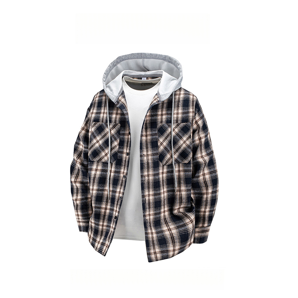 WASSUP PANDA Hooded เสื้อลายสก๊อตผู้ชายฤดูใบไม้ผลิฤดูใบไม้ร่วงหลวม All-Match แขนยาวปลอมสองชิ้นเสื้อลําลองแจ็คเก็ต