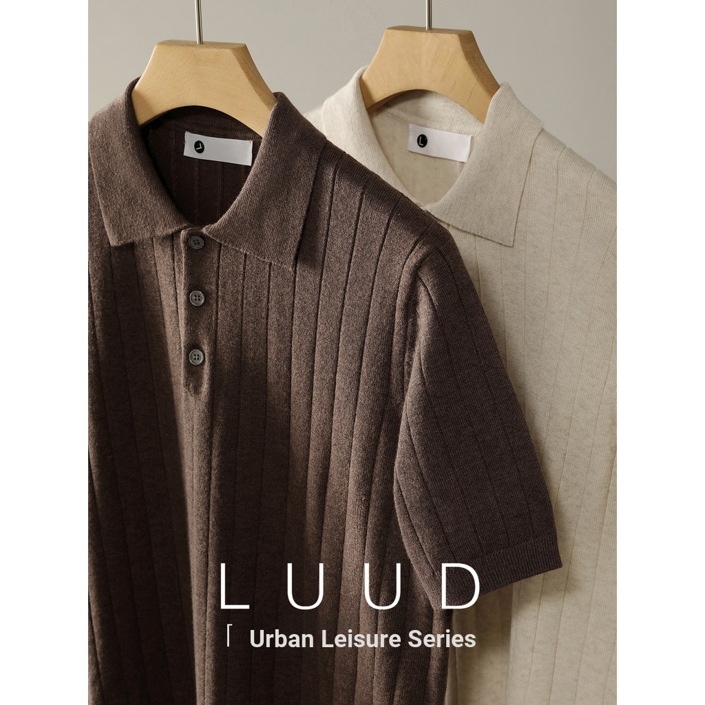 LUUD Minimalist Old Money เสื้อยืดผู้ชายแขนสั้นลาย Jacquard POLO ในสไตล์ขนสัตว์ถัก