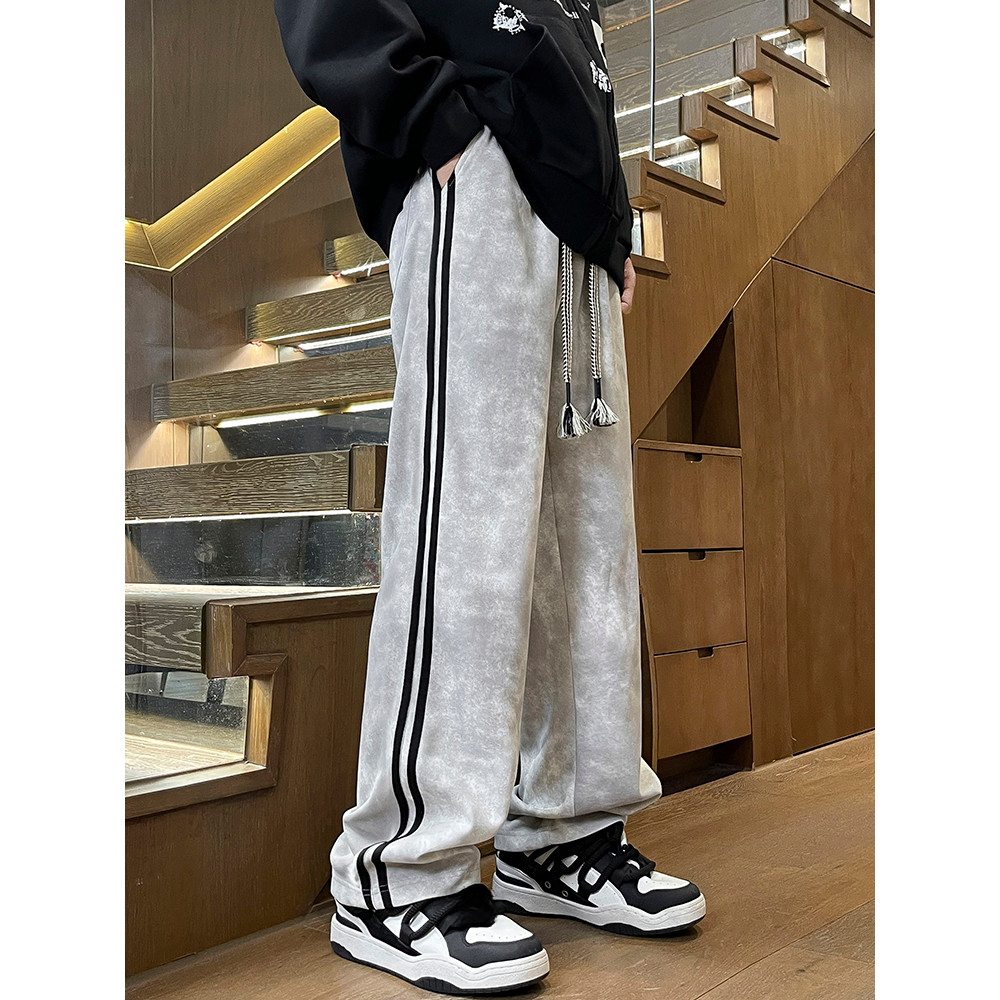 Youth Dirty Pants Mens Spring Autumn Street Wear ins Loose Straight Pants American High Street Strip