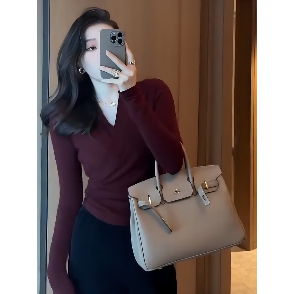 Slimmer ดูสไตล์ตะวันตก Burgundy แขนยาวขนาดใหญ่ไขมัน mmV คอแปรงถักเสื้อกันหนาวผู้หญิงต้นฤดูใบไม้ร่วงด