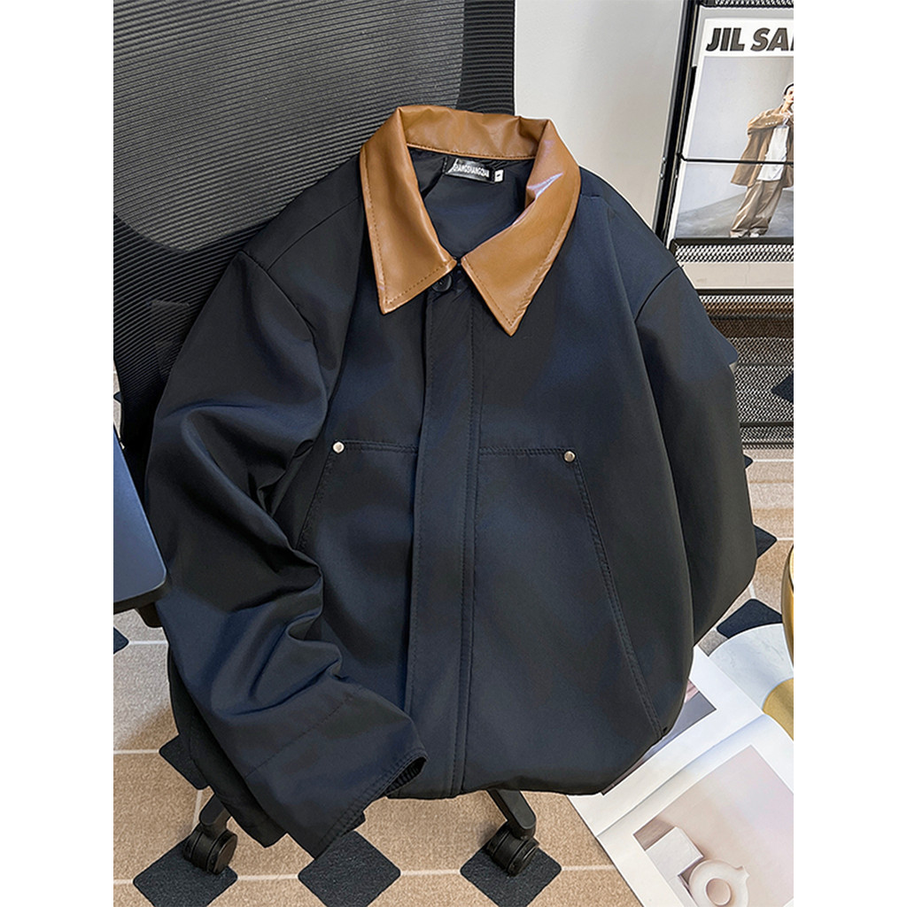 Retro High-Endสีจับคู่หนังCoat Jacket Topผู้ชายผู้หญิงแฟชั่นสไตล์เกาหลีอินเทรนด์Cleanfit Jacket