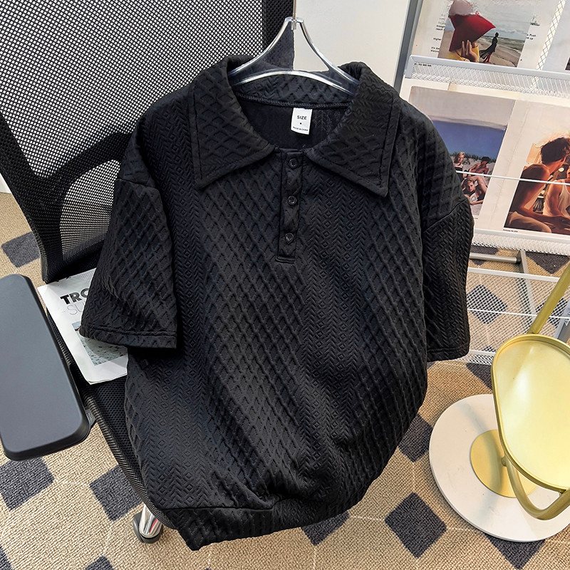 เสื้อยืดแขนสั้นสไตล์ street wear สำหรับผู้ชาย ออกแบบ waffle lapel ทรงหลวม