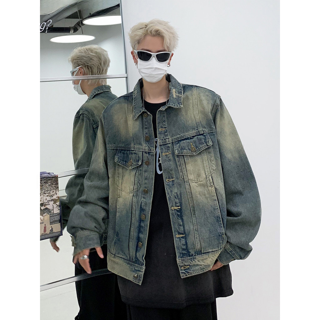 American vibe High Street Washed Distressed Denim เสื้อแจ็คเก็ตผู้ชายฤดูใบไม้ผลิฤดูใบไม้ร่วง Street Wear Retro Ruffian หล่อหลวมเสื้อแจ็คเก็ต