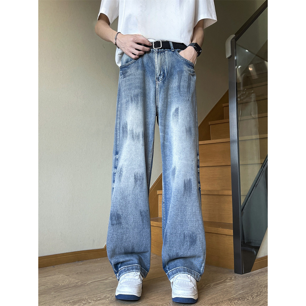 อเมริกัน High Street Splash Ink กางเกงยีนส์ผู้ชายหลวม Street สวมใส่ Ruffian หล่อกางเกงขากว้าง Street