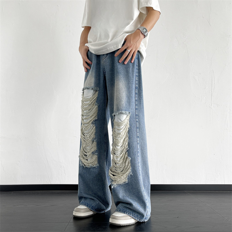 American Street Hip กางเกงยีนส์ผู้ชายฤดูร้อน Street สวมใส่ High Street Ripped หลวม All-Match กางเกงข