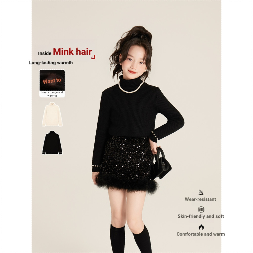 Amybaby Girls Top Winter 2025 สไตล์ใหม่ All-Match สีทึบคอสูง Warm Cuff Pearl เสื้อกันหนาว