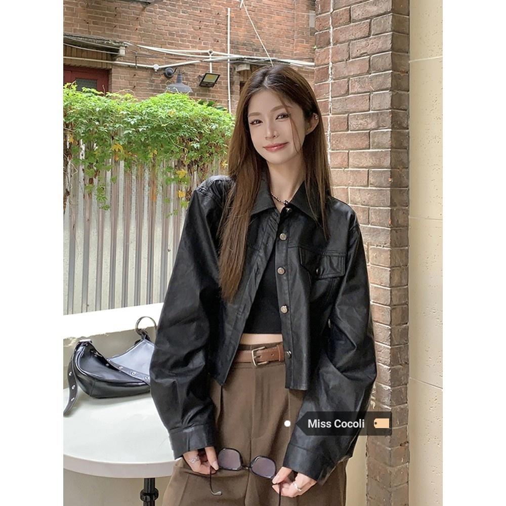 แจ็คเก็ตหนังแขนยาวสไตล์เกาหลีสำหรับผู้หญิง ทรงหลวมสั้น เหมาะสมกับฤดูร้อน