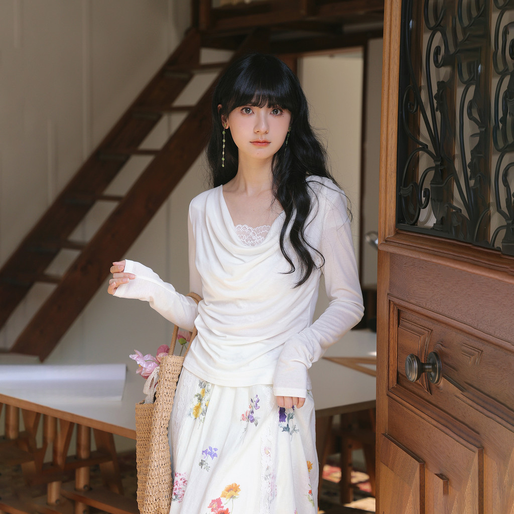 TOWN33 French Swing Collar เสื้อกันหนาวผู้หญิงลูกไม้เย็บ Slim แขนยาว Z5M134