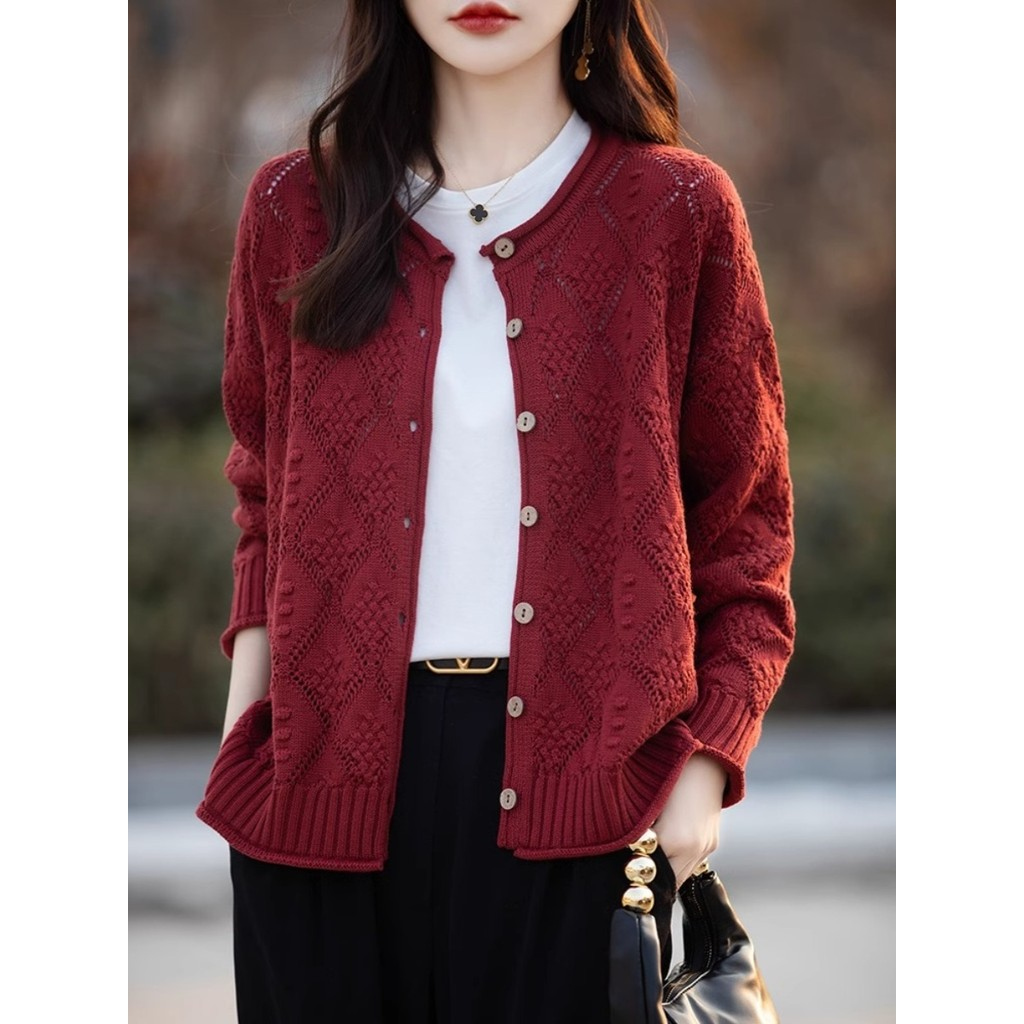 คาร์ดิแกน crochet ผ้าฝ้ายแท้ ทรงหลวมสั้นแขนยาว สำหรับผู้หญิง เหมาะสำหรับฤดูใบไม้ผลิและฤดูใบไม้ร่วง