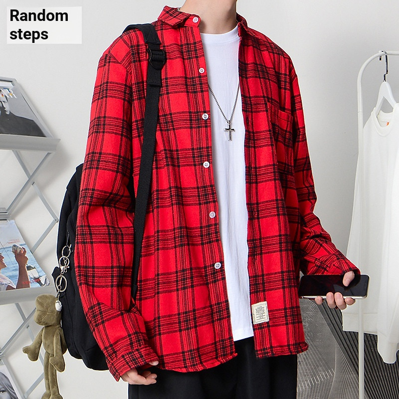 เสื้อเชิ้ตลายสก๊อตผู้ชายแขนยาว แฟชั่นลำลอง ไซส์เล็ก สไตล์หลวมๆ